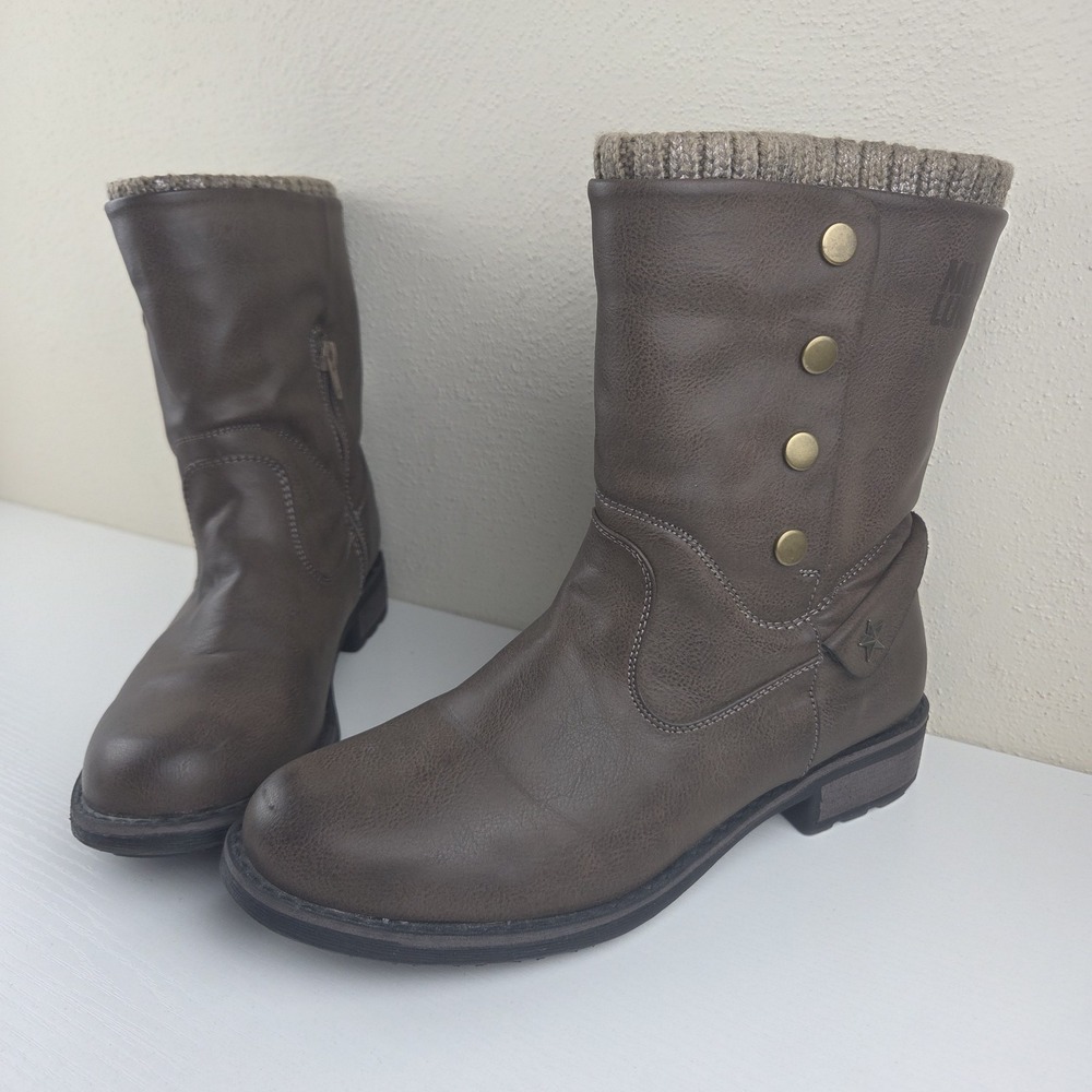 Muk Luks Crumpet Brown Faux Leather Lined Side Zip/Snap Heel Boots Womens‎ Sz 10